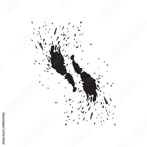 Grunge black ink splat and liquid paint splatter design featuring dirty brush strokes and artistic vector blot patterns on a white silhouette texture