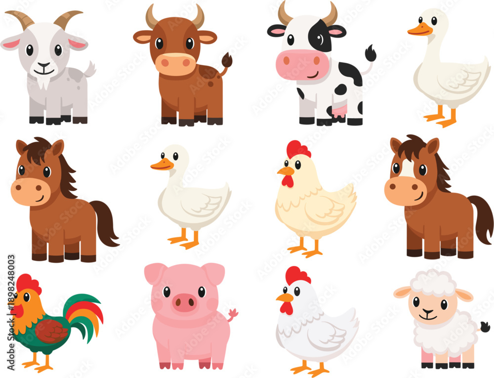 Obraz premium Professional Illustration Set of Cute Farm Animals Featuring Goats Bulls Cows Horses Pigs Sheep Chickens and Ducks for Childrens Education and Agricultural Design