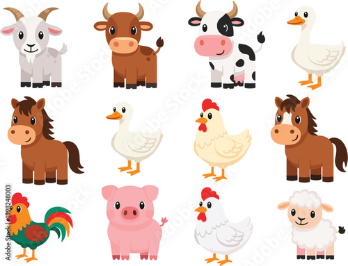 Professional Illustration Set of Cute Farm Animals Featuring Goats Bulls Cows Horses Pigs Sheep Chickens and Ducks for Childrens Education and Agricultural Design