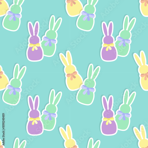 Easter bunnies, bright and cheerful pattern with stickers of bunnies with bows on bright blue background.