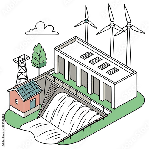 Renewable energy sources integrated with hydroelectric power generation facility