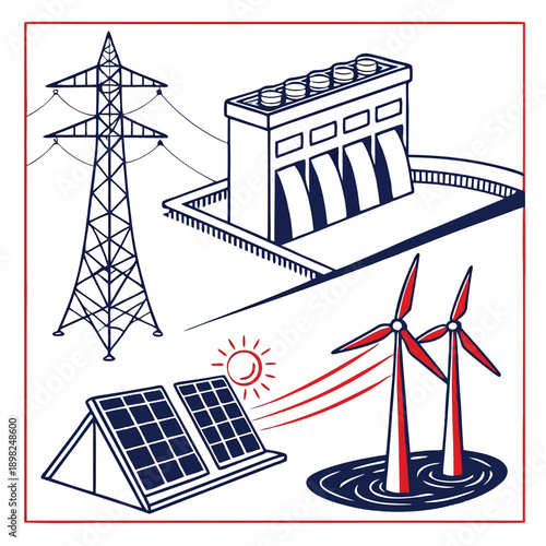 Illustration of renewable energy sources and power transmission infrastructure