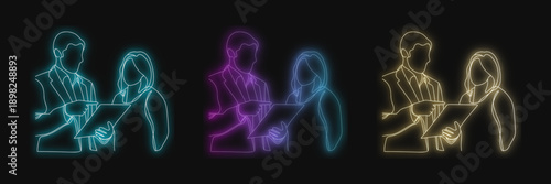 Neon Couple Romance Outline Vector Illustration Set, Dating Connection Partnership