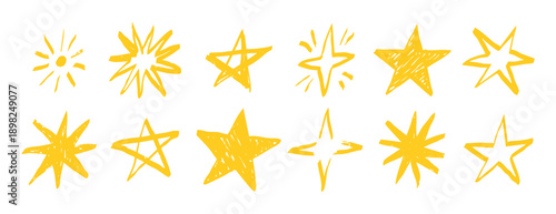 Yellow crayon stars set collection doodle hand drawn icon. Outline drawing star line clipart symbol.