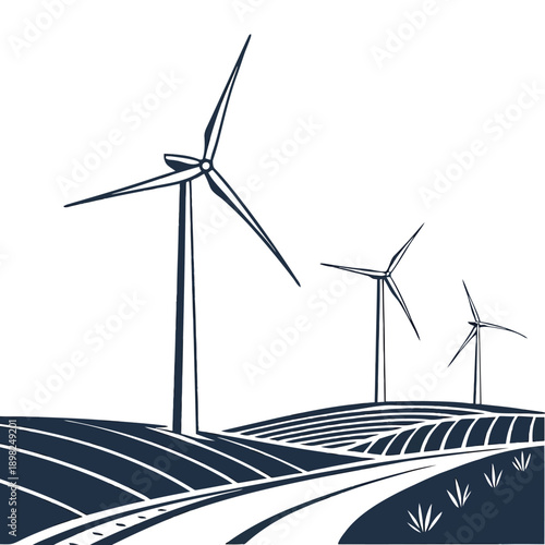 Wind turbines and solar panels generating renewable energy against a clear sky backdrop