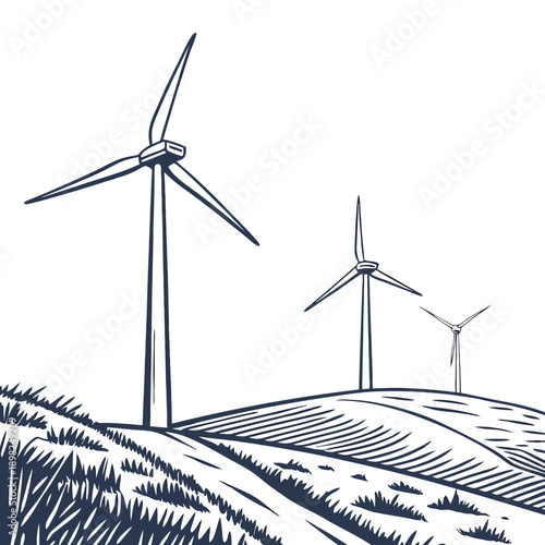 Wind turbines standing tall against a rugged, mountainous terrain landscape.
