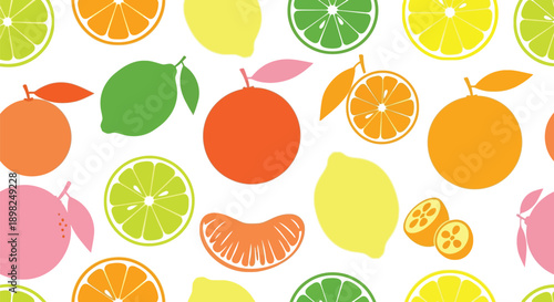 Vibrant seamless pattern featuring stylized citrus fruits like oranges limes lemons grapefruits and mandarins