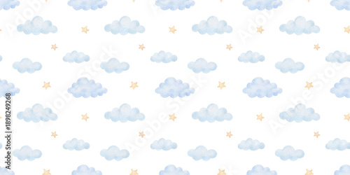 Seamless cute pattern with stars and clouds for baby textile, hand drawn watercolour illustrations