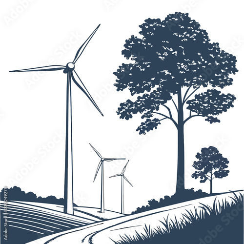 Wind turbines along a scenic countryside road with trees and open fields