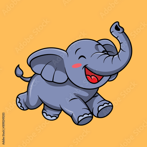 A happy and playful cartoon baby elephant with its trunk raised, smiling cheerfully on an orange background.