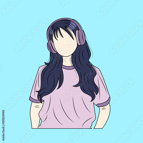 Illustration of a person with long dark hair wearing purple headphones and a light pink t-shirt on a solid blue background.