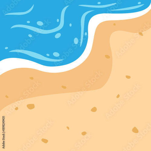 Top-down view of a sandy beach with blue ocean waves gently lapping the shore, featuring small scattered pebbles and a smooth gradient.