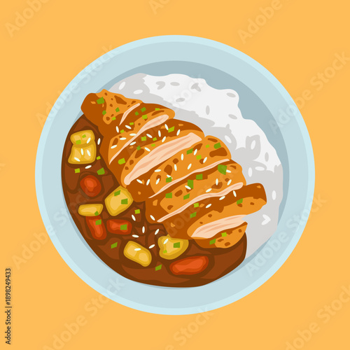Sliced chicken katsu curry with white rice and vegetables in a blue bowl, top-down view.