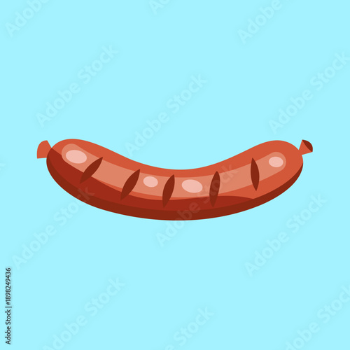 A cartoon illustration of a grilled sausage with grill marks on a light blue background, depicting a simple and appetizing food item.