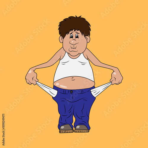 A cartoon man with a sad expression showing his empty pockets, symbolizing financial hardship or being broke.