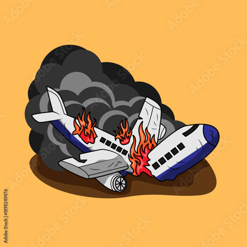 A cartoon illustration of a crashed airplane on fire with thick black smoke billowing, lying broken on the ground.