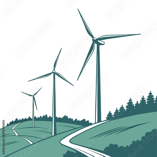 Wind turbines harnessing energy on a lush green hillside landscape.