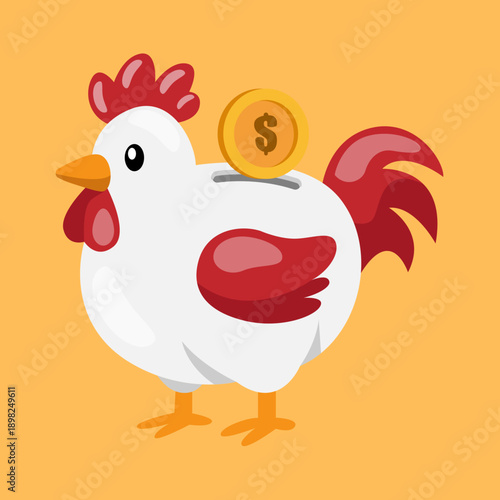 A cartoon white chicken with red features serving as a money bank, featuring a golden dollar coin being deposited.