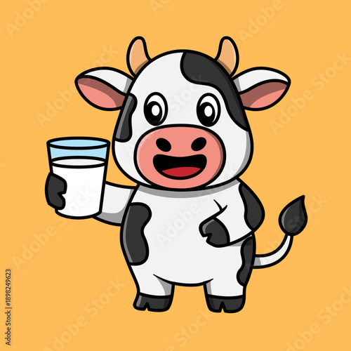 A cute cartoon cow with black and white spots happily holding a glass of fresh milk on an orange background.