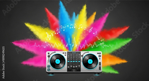 Dj mixer with colorful sound waves on dark background music technology concept with vibrant colors