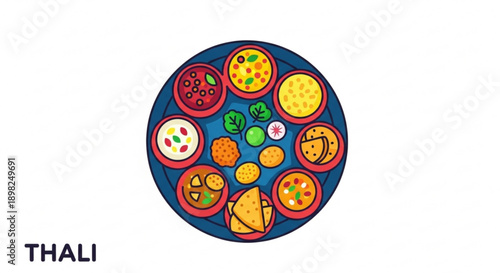 Traditional indian thali meal with various dishes on a blue plate served on white background