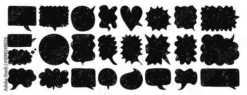 Textured empty speech bubbles template colored set, creative, various shapes, rectangular, round and bubbly. Grunge texture bubbles for text for social media, web design, and posters.