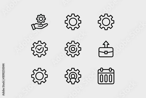 Gear icons set collection, line style, isolated on light gray background