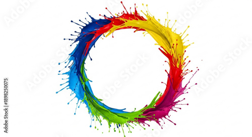 Vibrant colorful paint splashes form a circular creative design on white background