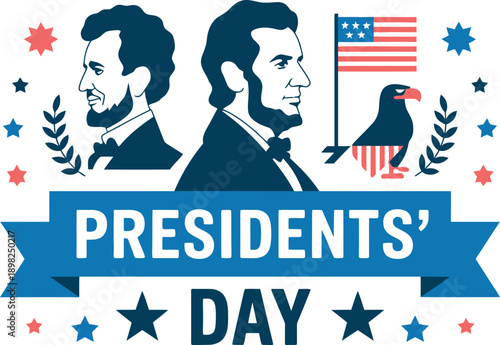 A patriotic illustration celebrating Presidents' Day with American symbols and presidential portraits.