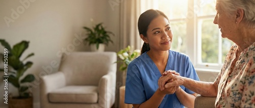 Asian nurse holding senior womans hand, providing care and comfort in a bright, homelike setting Concept of elderly care, compassion, and intergenerational connection