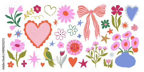 Vector hand drawn whimsical illustrations in doodle sketch style, flowers and hearts, love and valentine day theme, wedding cards, invitations and stationery