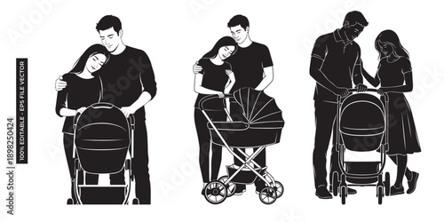 Couple with baby stroller illustration showcasing family, love, and parenting from different viewpoints, featuring parents and baby