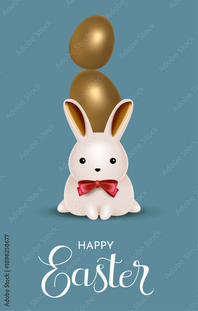 Fototapeta premium Easter Bunny With Stacked Golden Easter Eggs Vertical Greeting Card Illustration for Fun Spring Holiday Celebration Design