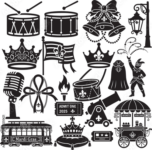 Mardi Gras Festival Icons Silhouette Set with Masks, Drums and Parade Elements
