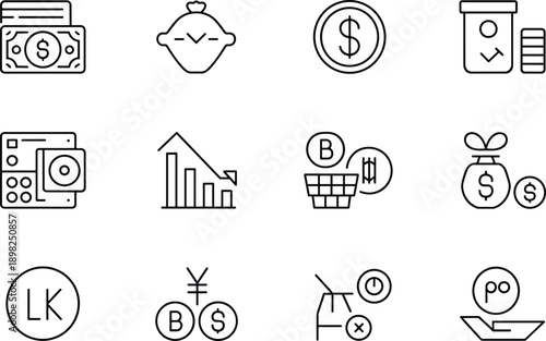 Financial icons collection with cryptocurrency and traditional money symbols
