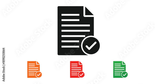 Set of document icons featuring a completed task marked with a large checkmark