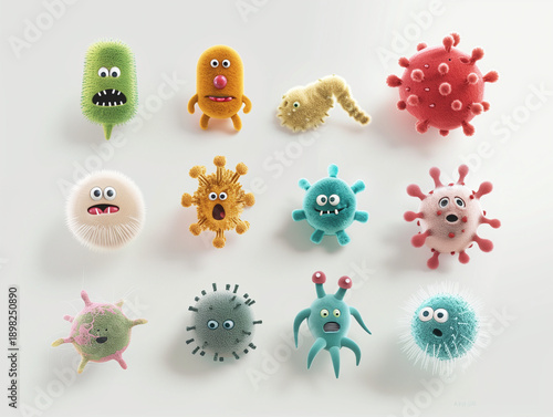 Cute colorful 3D cartoon virus and bacteria character set on white