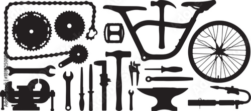 Detailed illustration of bicycle components and tools for metalwork enthusiasts