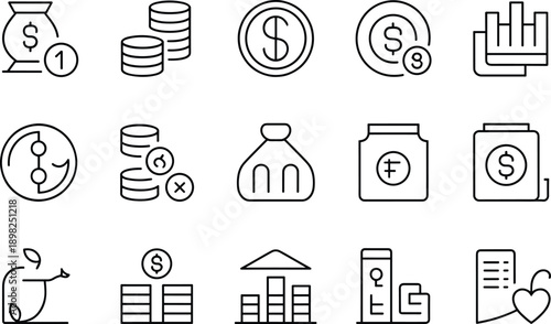 Financial icons money bag coins bank charts cash and growth
