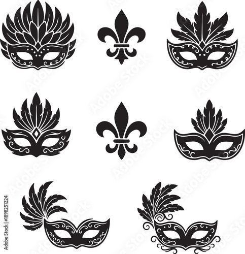 Ornate Masquerade Masks and Fleur-de-Lis Silhouette Pattern