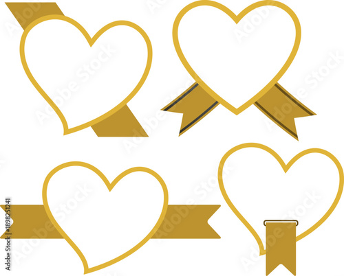 金色のハート型フレームとリボン装飾を組み合わせた高級感のあるシンプルな装飾デザインイラストセット