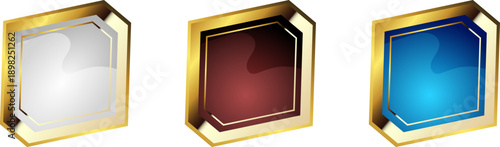 金色の立体的な六角形フレームに異なるカラー背景を組み合わせた高級感のある装飾用バッジデザインイラストセット