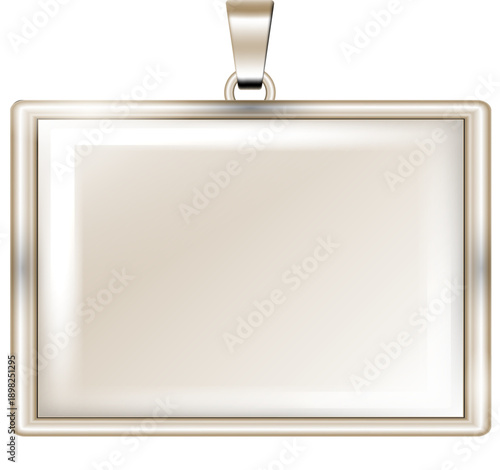 金属の光沢と上品なグラデーションで表現した吊り下げ金具付き横長プレート型フレームの高級感ある装飾イラスト