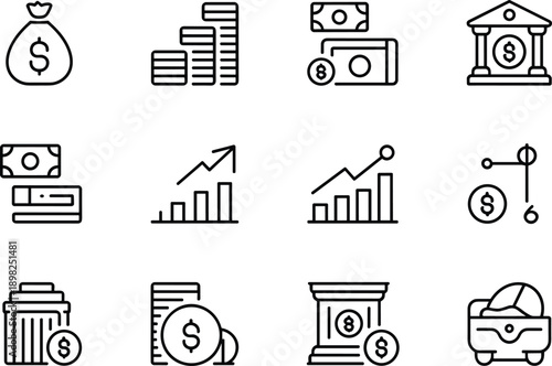 Money bag with dollar sign coins and bank building icon