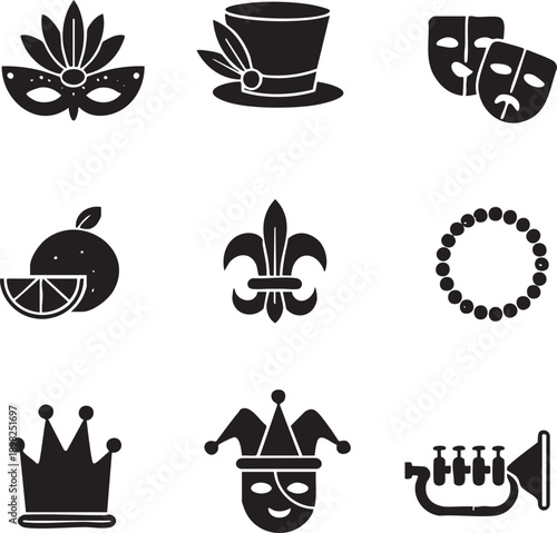 Mardi Gras Carnival Icons with Masks, Crown and Fleur-de-Lis Silhouettes