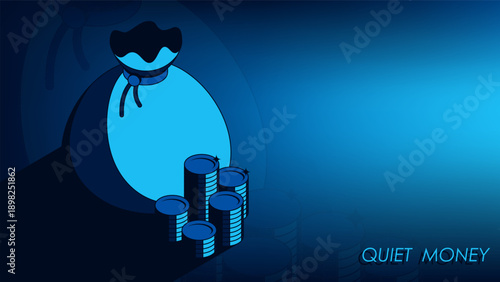 Isometric bank bags of money and shiny coins hidden in dark corner. Contrast 3D vector concept