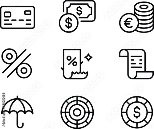 Set of 9 finance and banking icons, line style, editable stroke, money
