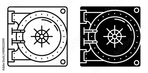 Linear icon. Closed entrance to bank vault protected by thick armored door with combination lock and screw handle. Simple black and white vector symbol isolated on white background