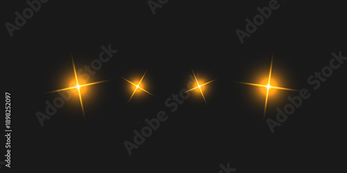 Glowing light rays with sparkling sun flashes creating realistic dramatic illumination effects on dark background for abstract design compositions
