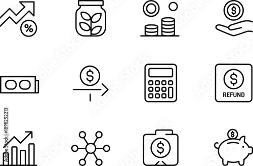 Set of 12 money icons, line style, editable stroke, finance, economy, wealth